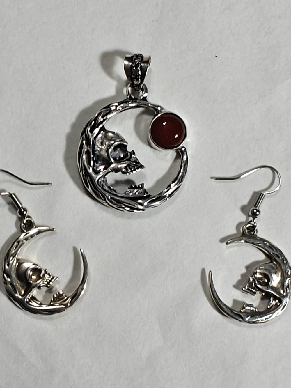 925 Silver Crescent Moon Skull Pendant With Carnelian and Earrings Grateful Dead